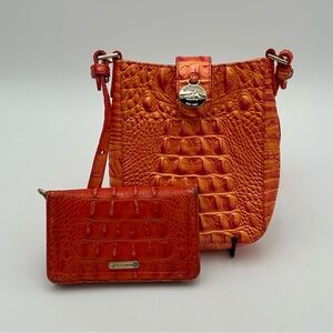 Brahmin Vibrant Orange and Pink Tone Croc-Embossed Crossbody Bag with Wallet